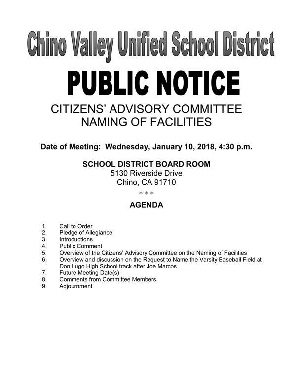 Flyer for Citizens Advisory Committee Naming of Facilities meeting for Jan. 10, 2018 at 4:30 pm at District Office